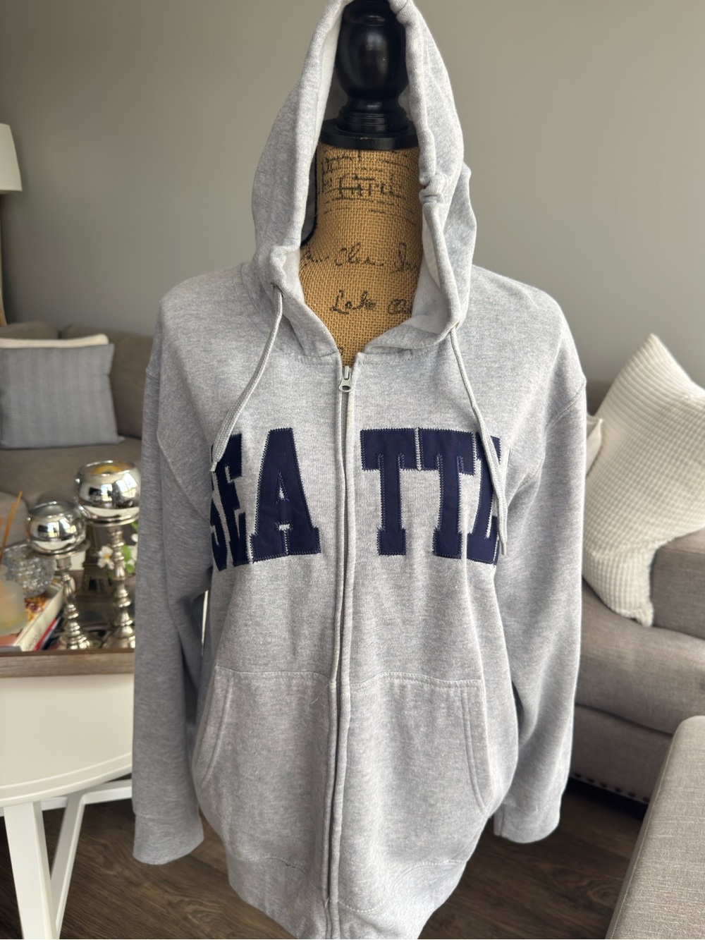 Women’s Grey Zip-Up Hoodie Sweatshirt with Navy 'SEATTLE' Lettering